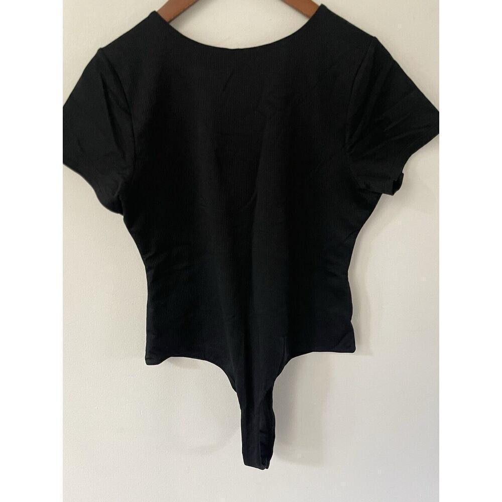 BP. Womens Large Black Sleeveless Fitted Solid Ribbed Knit Thong Bodysuit